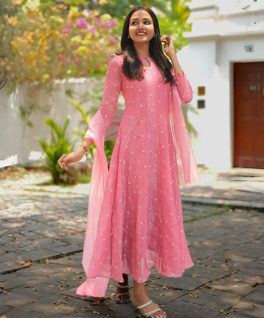 Pink Tafeta Silk Kali Cut Maxi