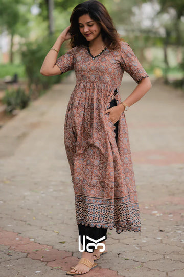 Ajrakh Kurta Set in Brown