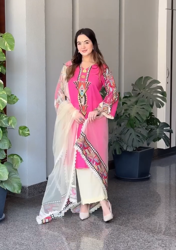 Printed Lawn Shirt with Embroidered Cotton Net Dupatta and Trouser