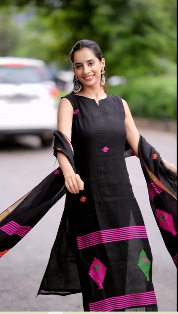 Black Linen Full Kurta Set