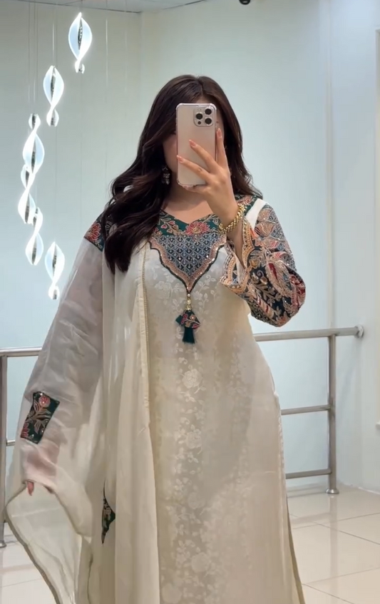 Manjari Off White  Chanderi Silk Suit Set