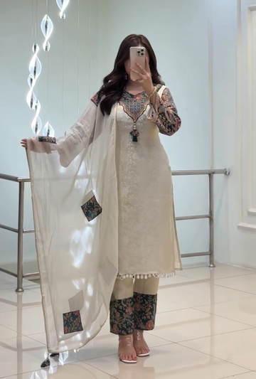 Manjari Off White  Chanderi Silk Suit Set